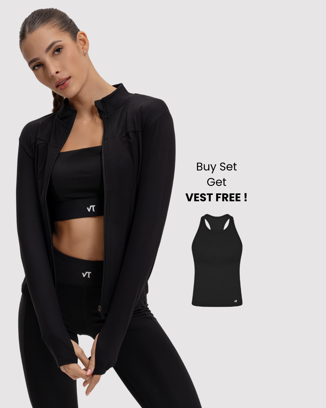 مجموعة ملابس رياضية أنيقة 3 في 1 باللون الأسود (سترة، بلوزة، وسراويل ضيقة)
