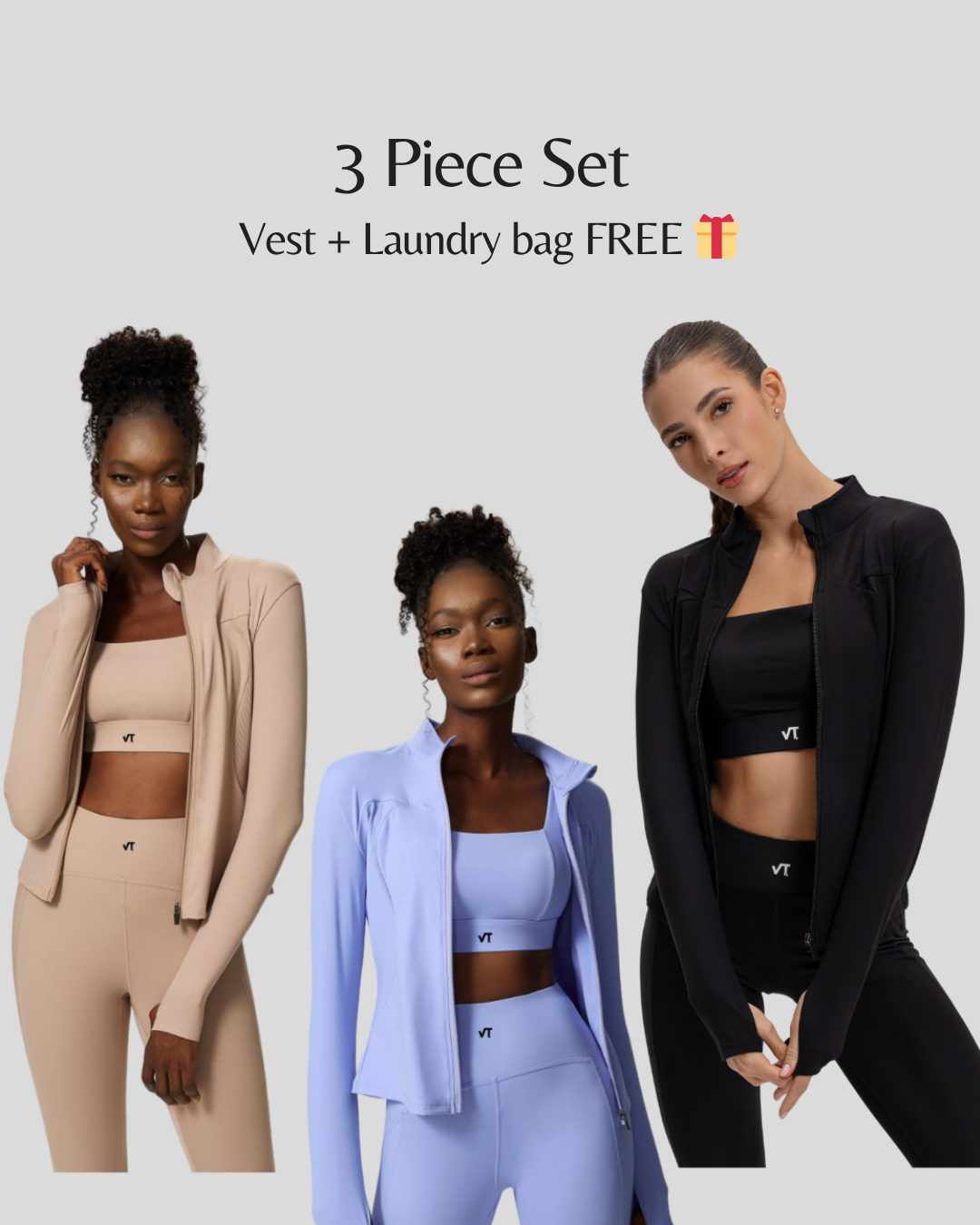 مجموعة ملابس رياضية أنيقة 3 في 1 باللون الأسود (سترة، بلوزة، وسراويل ضيقة)