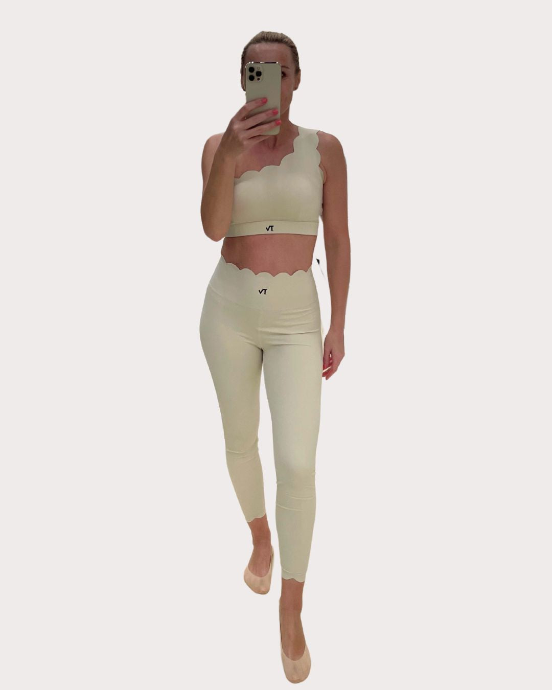 2 in 1 Beige Set with One Shoulder Top and High Waist Leggings